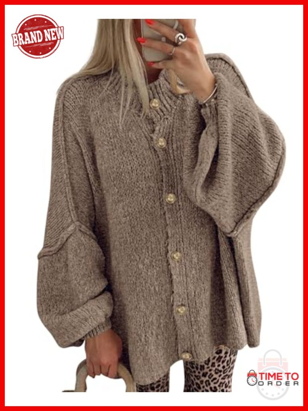 Oversized Open Front Cardigan Lantern Sleeve Button Down Knit Sweater